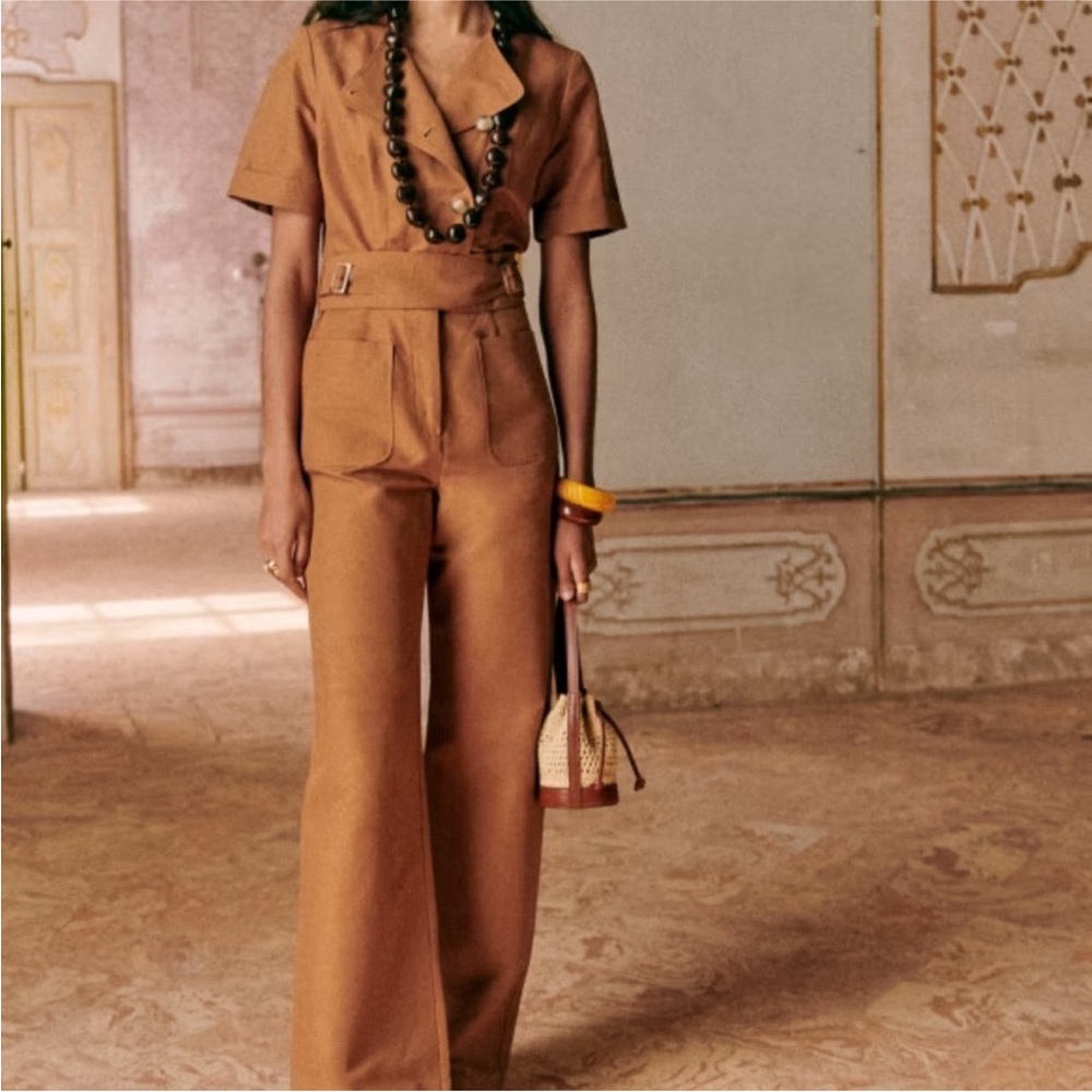 Sezane Tan Short Sleeve Jumpsuit
